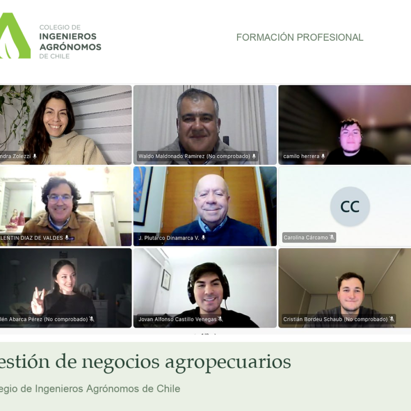 Participantes de una videoconferencia del curso de gestión de negocios agropecuarios, con el logo del Colegio.